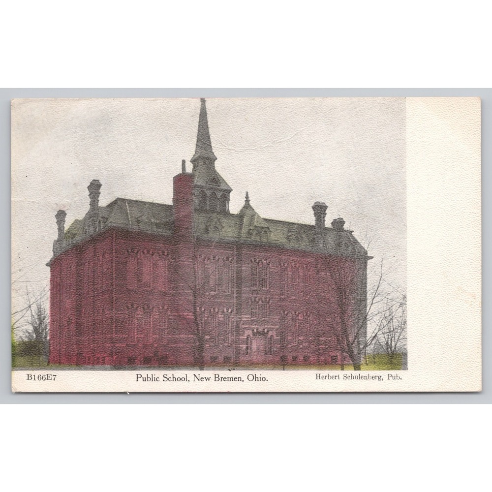 Vintage New Bremen, Ohio Postcard c.1908 Public School Hand Colored NB Zimmerman